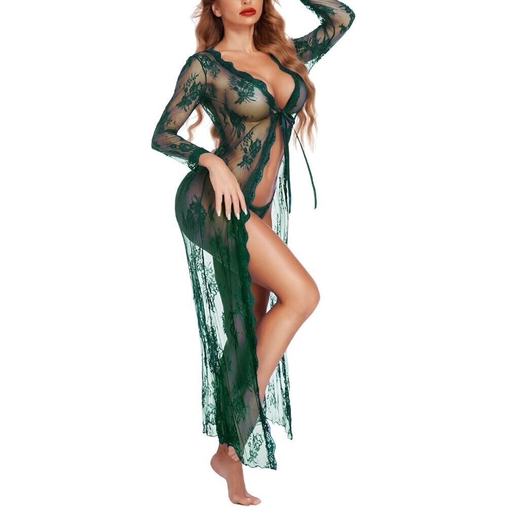 Women Green Kimono Sexy Long Babydoll Sheer Bridal Nightwear  Mesh Chemise